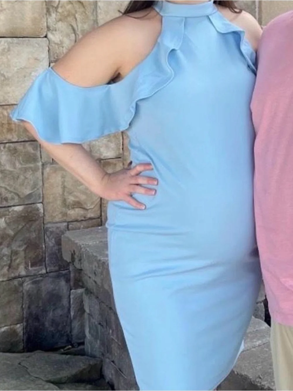 Pinkblush Maternity Light Blue Midi Dress with Ruffle Cold-Shoulder, Size XL